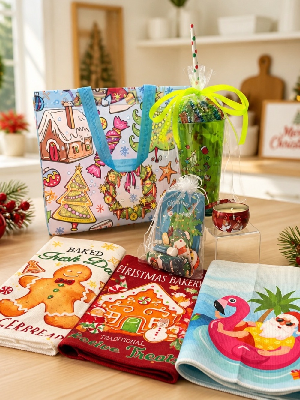 Holiday kitchen Towels & spa bag, candle Colorful Christmas Tote